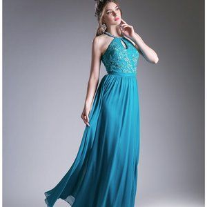 new long teal blue halter style with keyhole open front and back